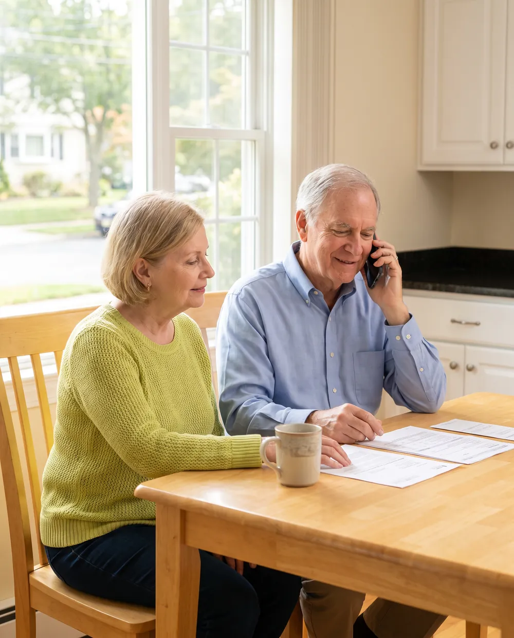 Senior couple at their kitchen table, the husband smiling on the phone