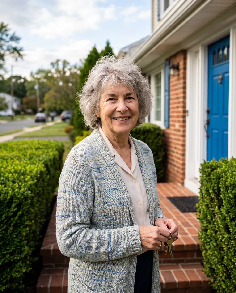 Senior woman smiling at the front door of her home with keys in hand