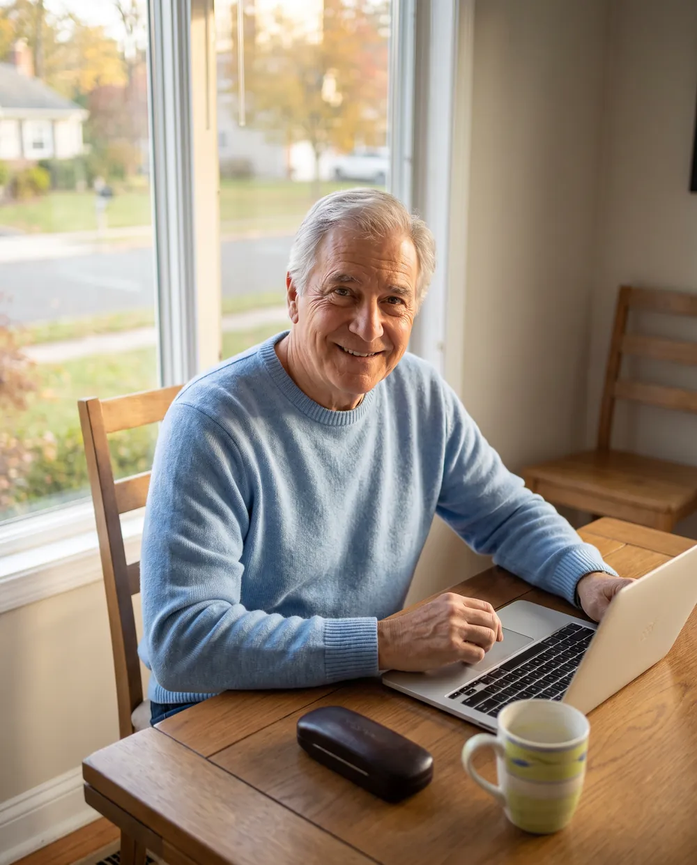 Smiling senior man at his dining table with a laptop