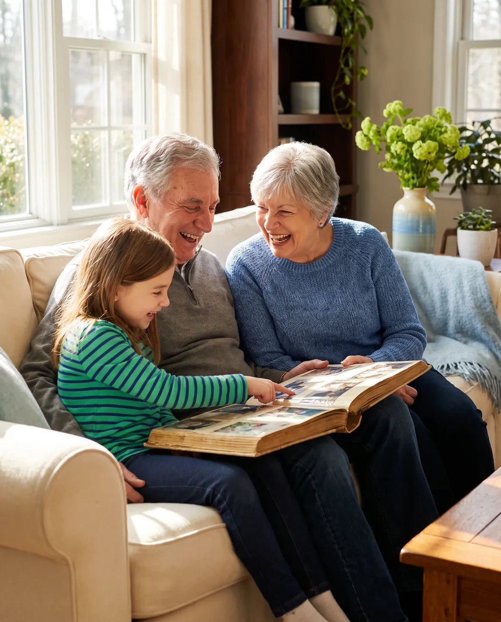 Grandparents laughing with their granddaughter over a family photo album