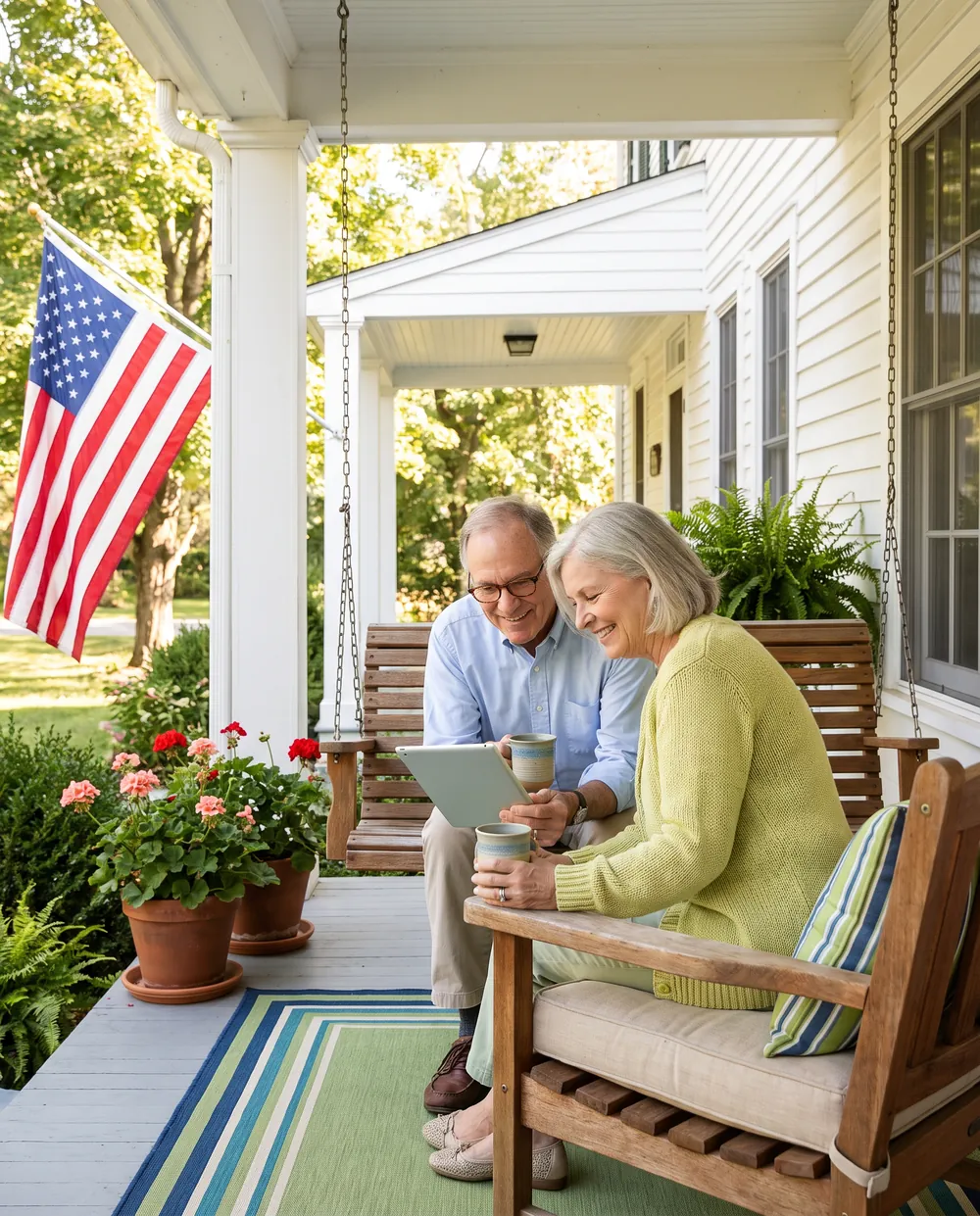 Retired couple sharing coffee and a tablet on their front porch