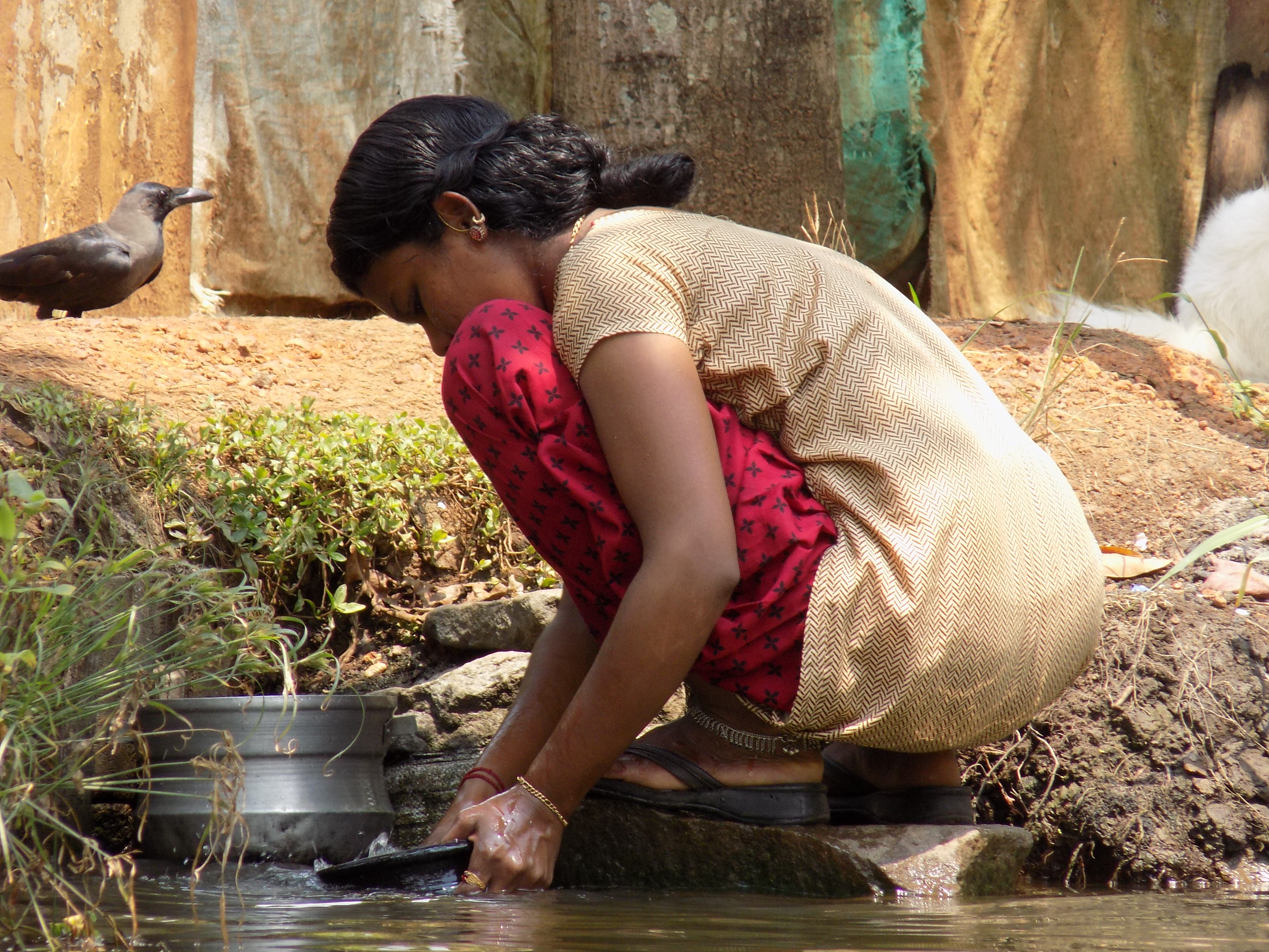 A lady doing the dishes in the backwaters