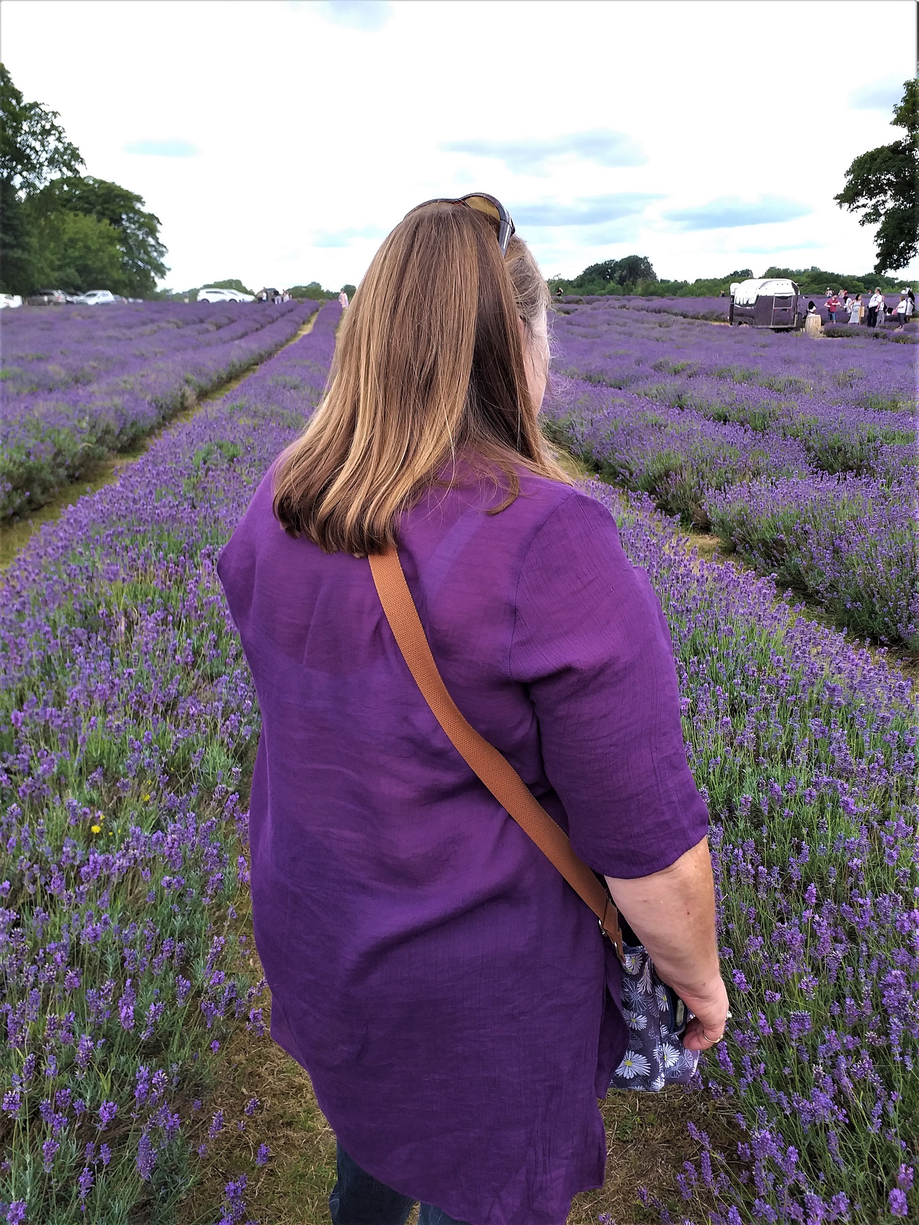 Andrea standing in a lavender field with her back to camera