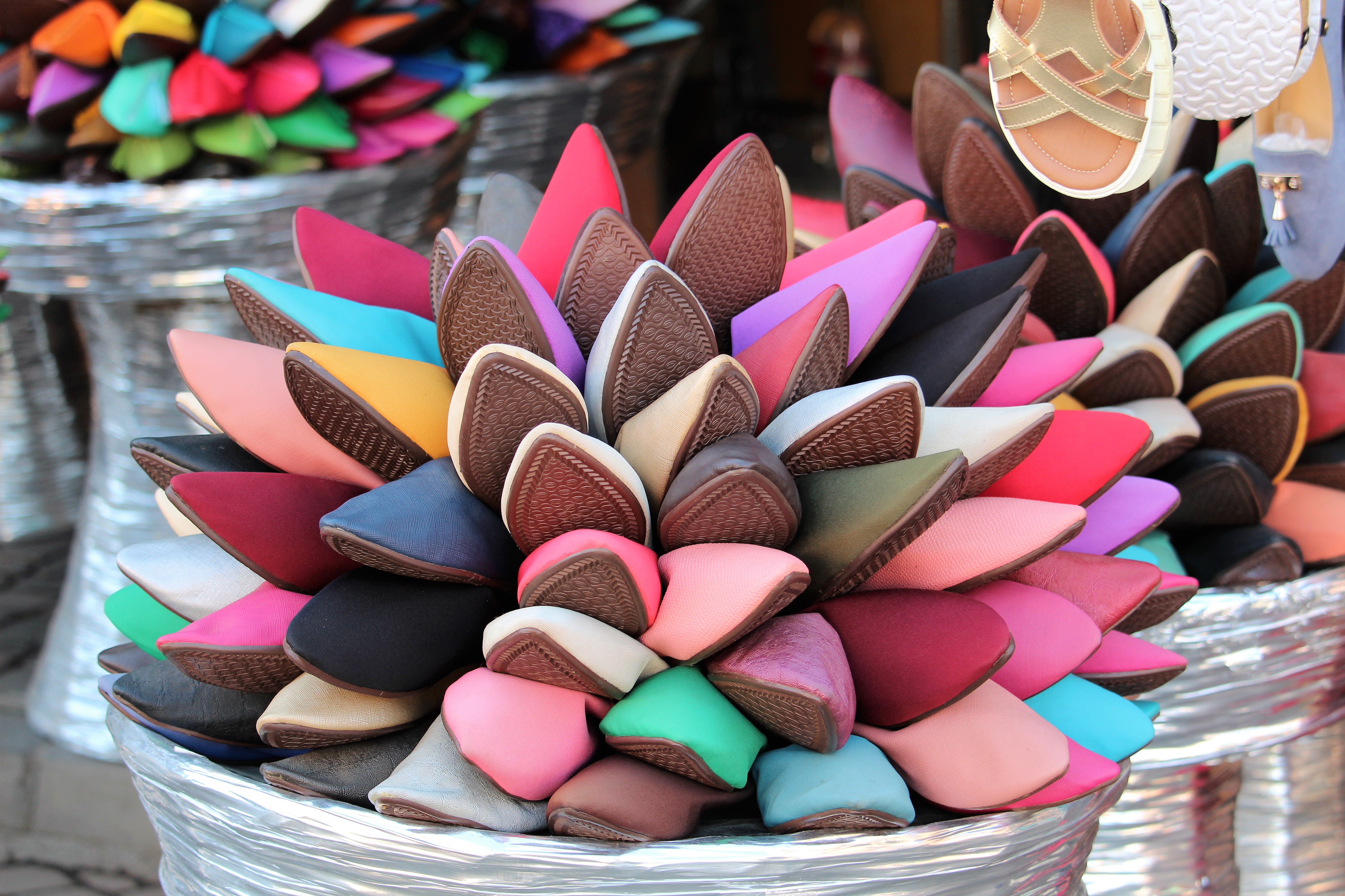 Leather slippers for sale in Marrakech souk Leather slippers for sale in Marrakech souk