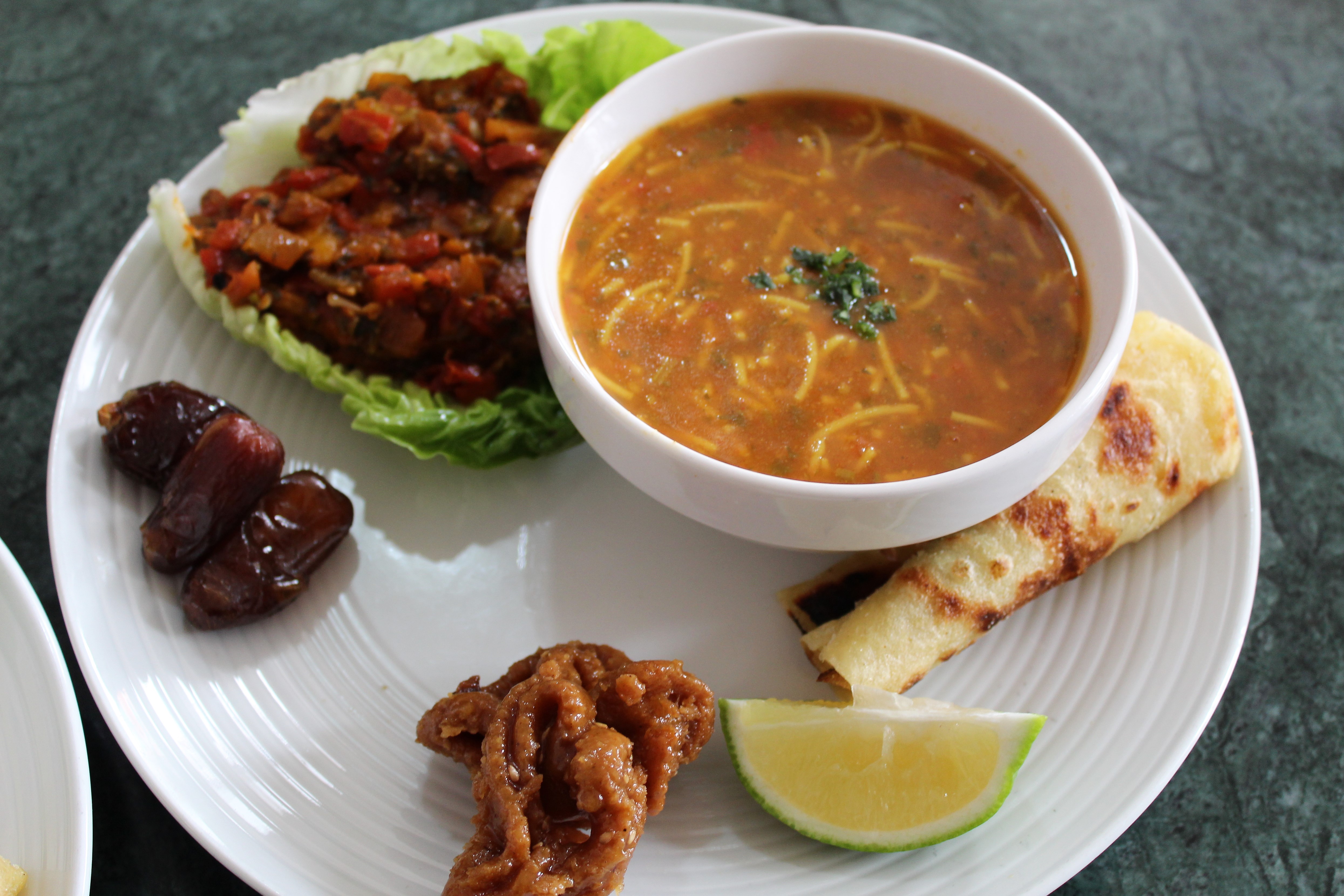 Harira served with zaalouk on the side
