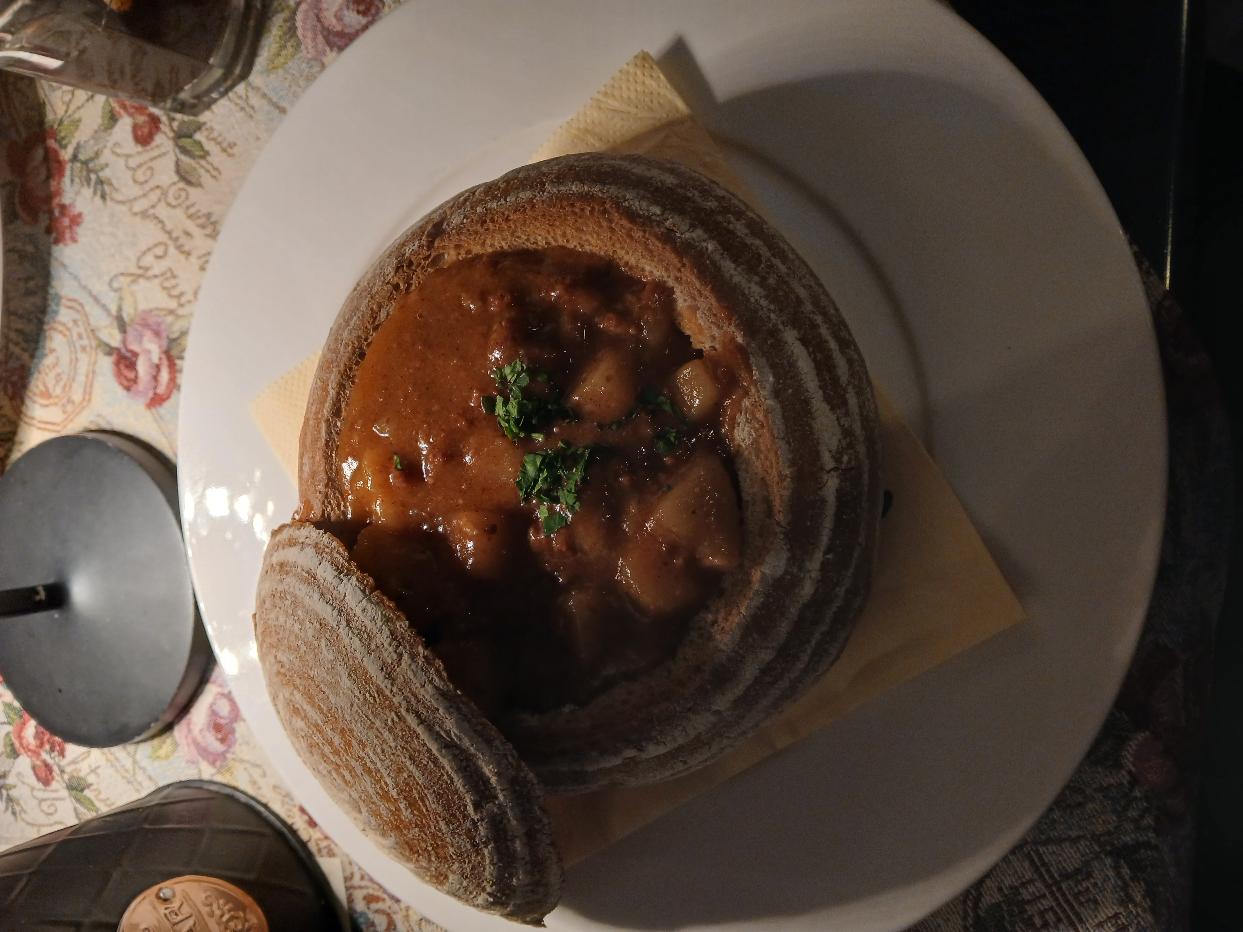 Goulash soup served in a loaf Goulash soup served in a loaf