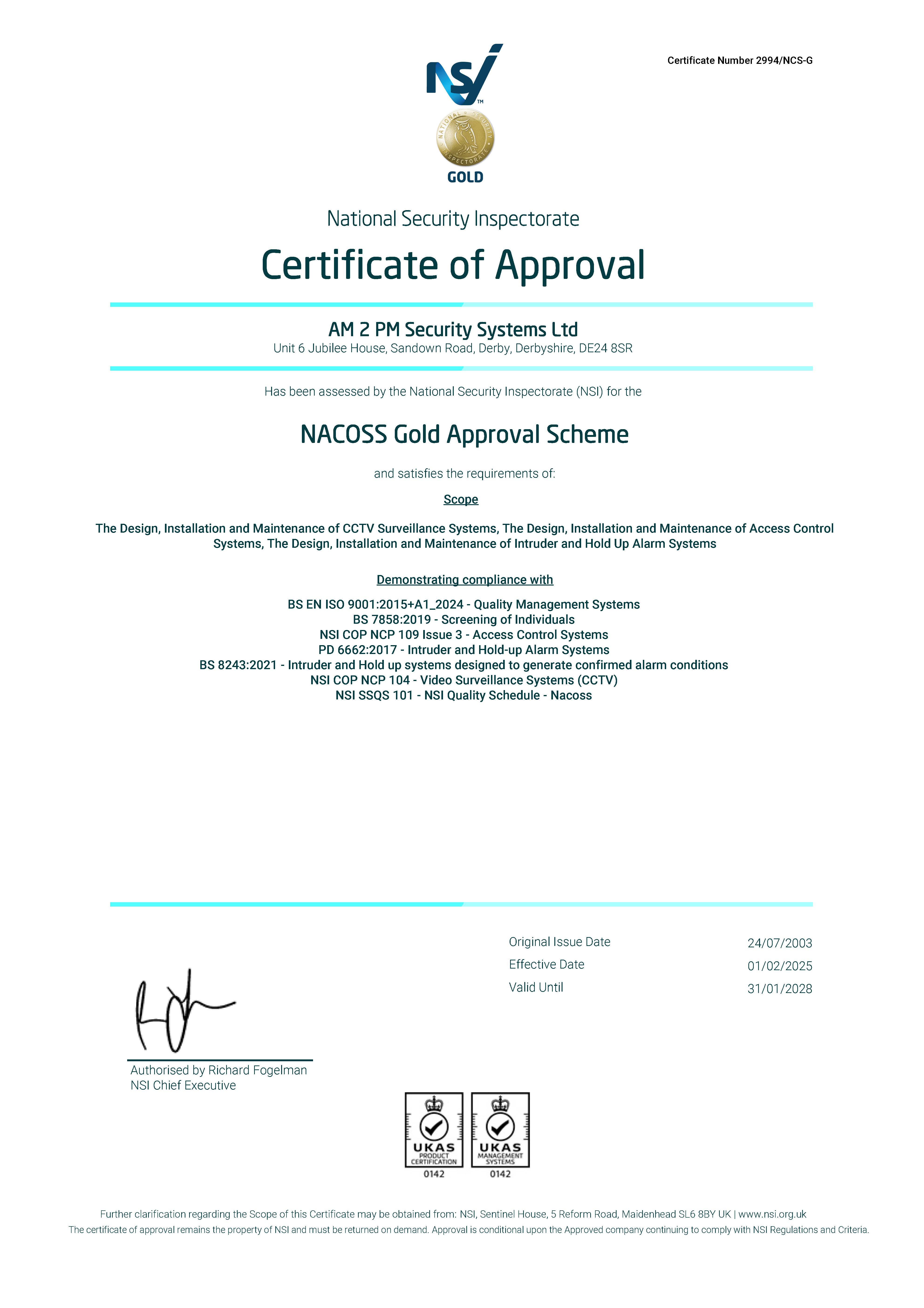 AM 2 PM Security Systems NSI Gold Certificate
