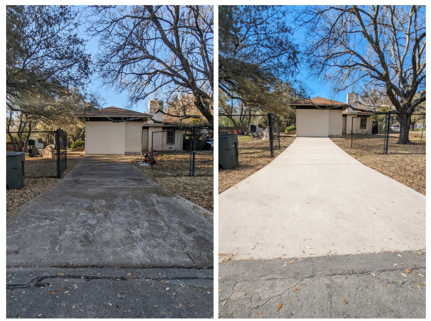 Concrete driveway in Bell County before and after cleaning, dark stains and grime washed off