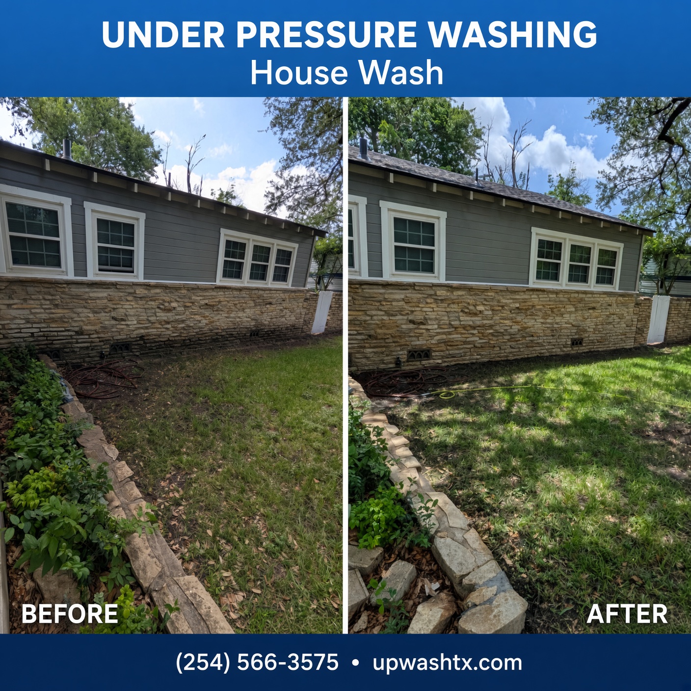 House wash stone foundation before and after in Temple, Texas
