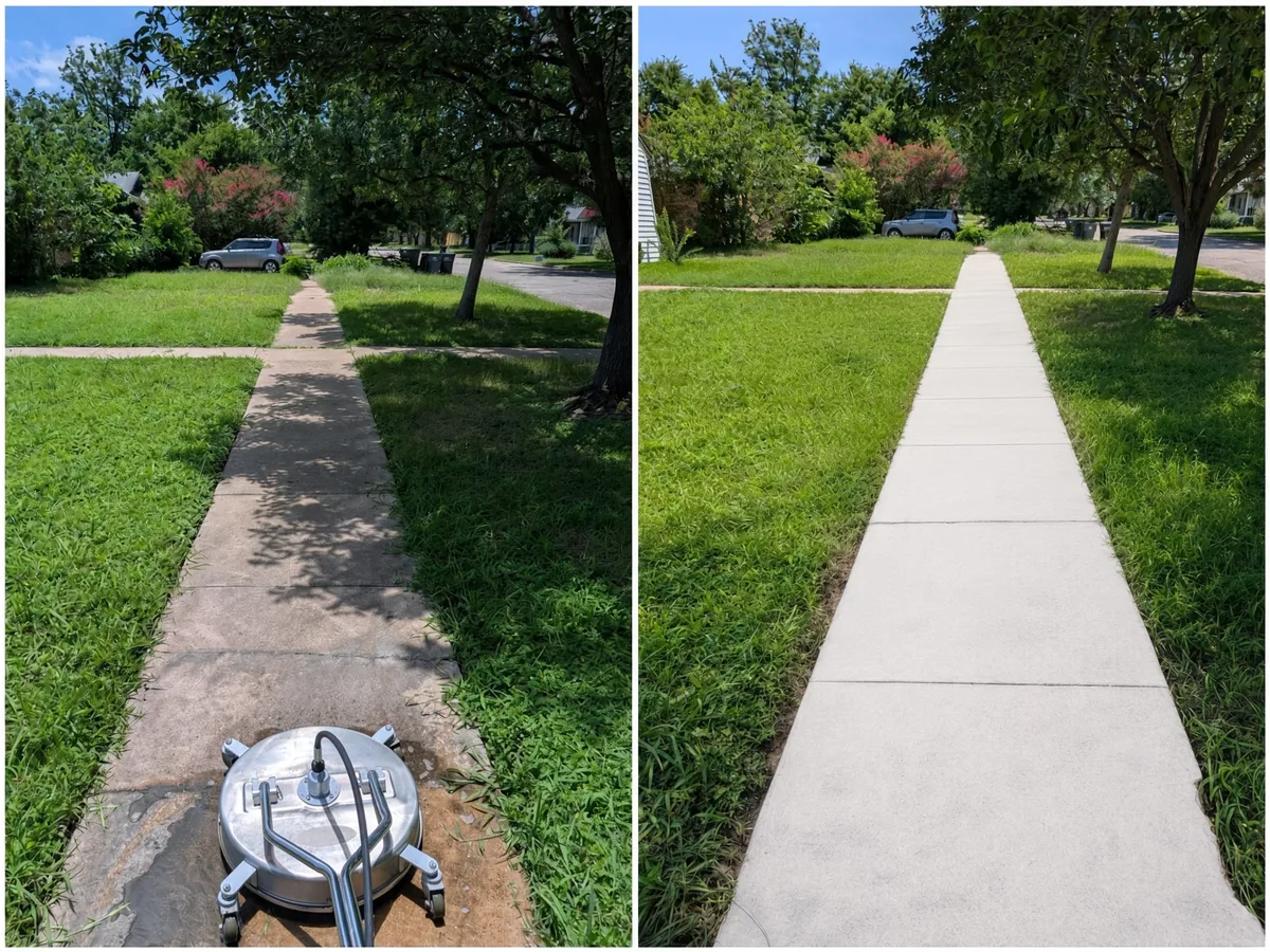 Concrete sidewalk in Bell County, dark staining cleaned off with a surface cleaner.