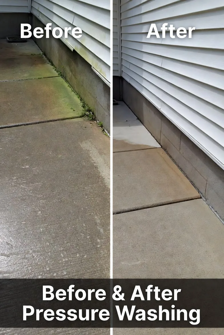 Concrete walk in Bell County before and after pressure washing, green algae cleaned off
