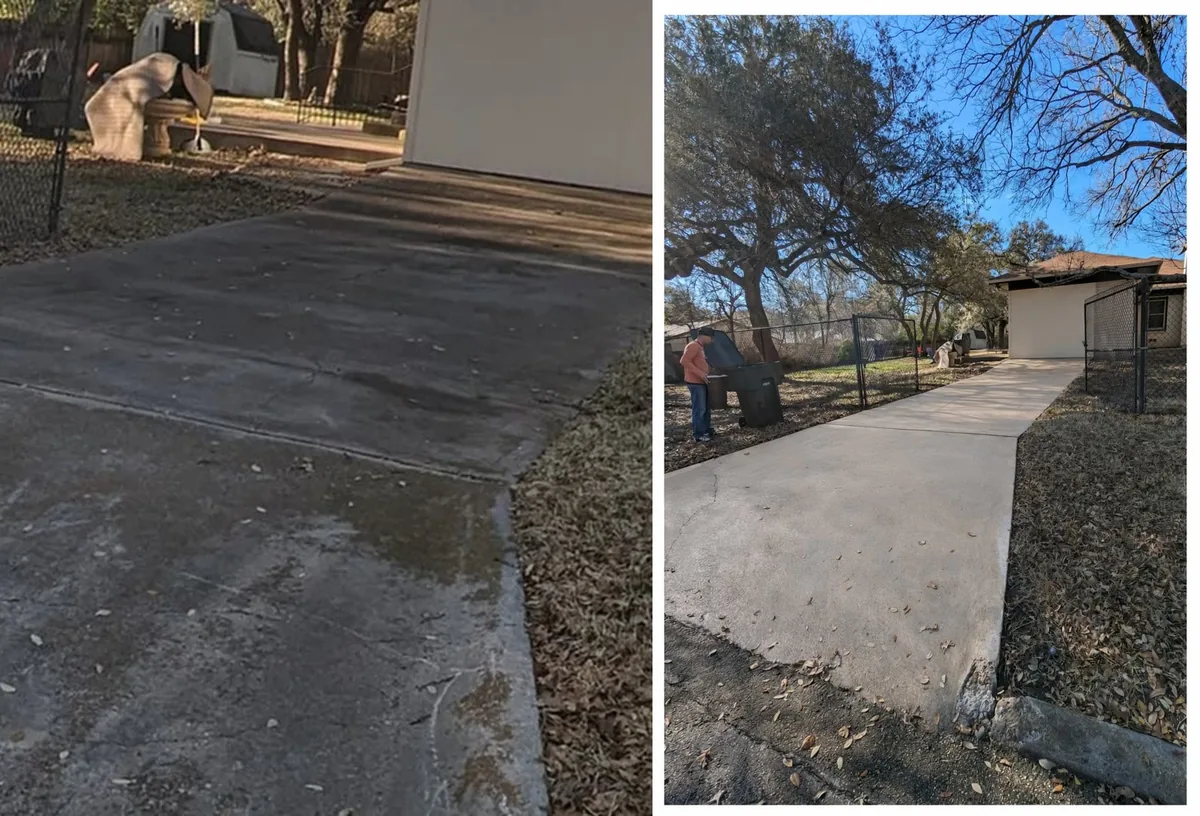 Concrete driveway in Bell County before and after cleaning, large before photo with a small after inset