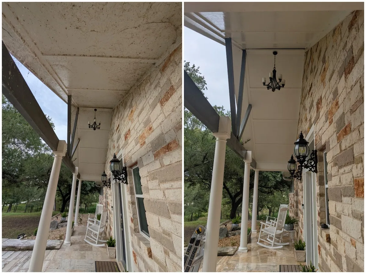 Porch ceiling and stone wall in Bell County, film and cobwebs cleaned off.