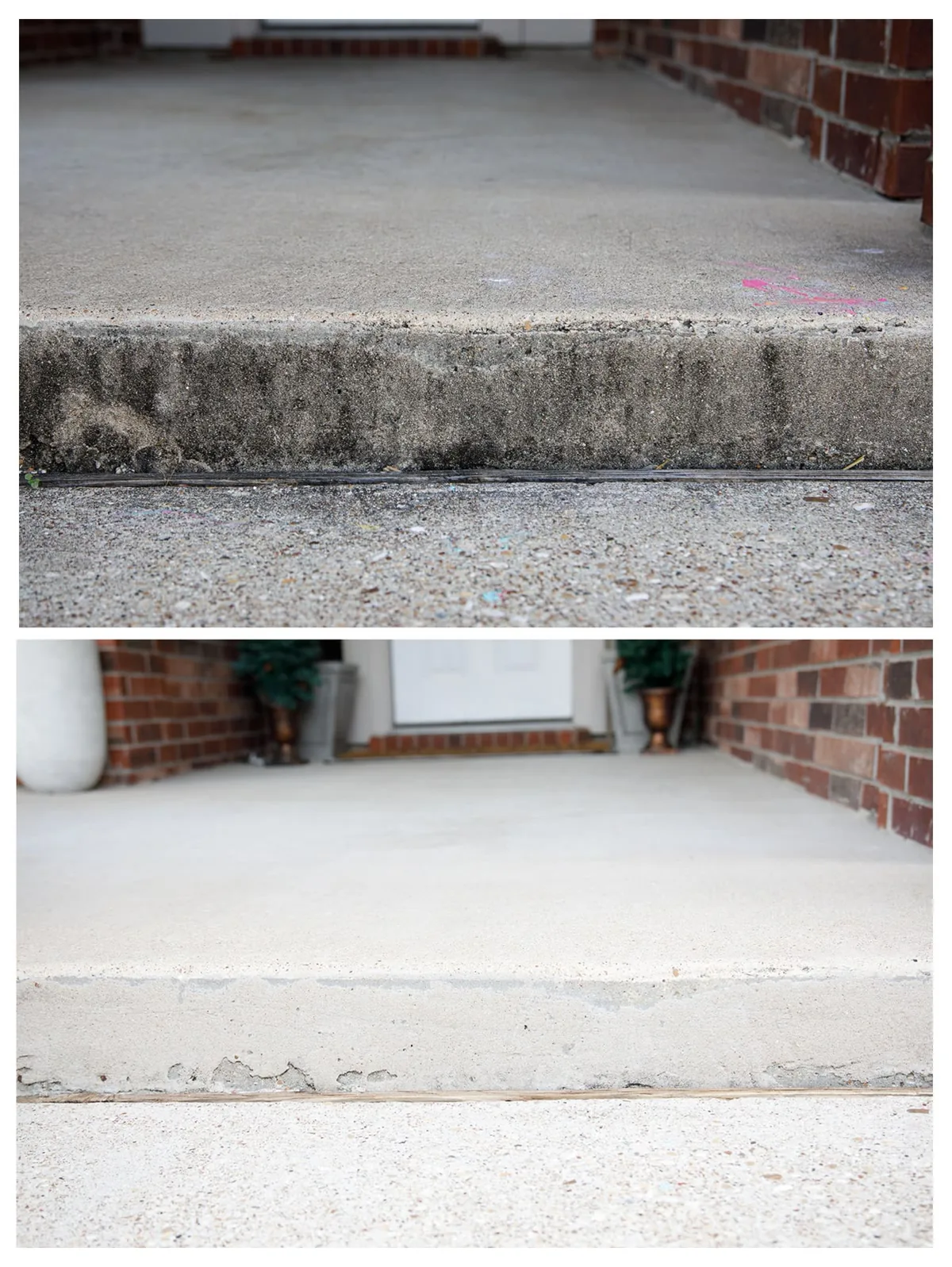 Concrete entry step beside red brick, before and after cleaning