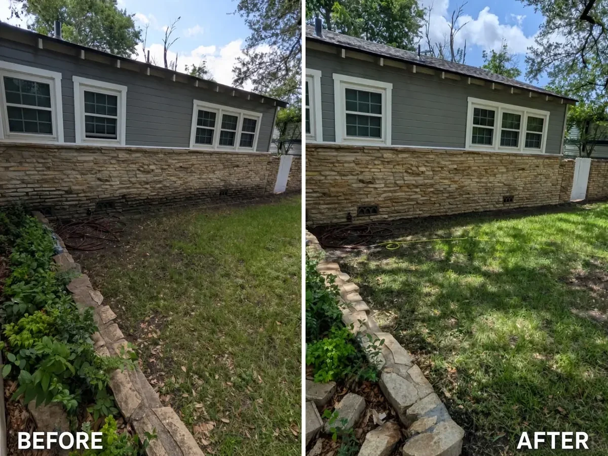 Gray siding over a stone foundation wall in Bell County, before and after soft wash