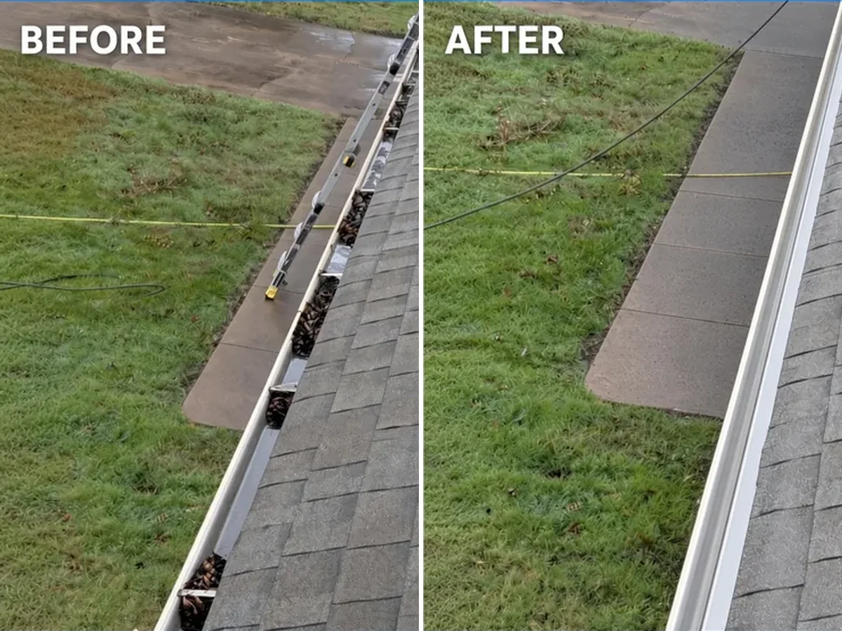 Gutter packed with leaves and sludge, then cleaned out.