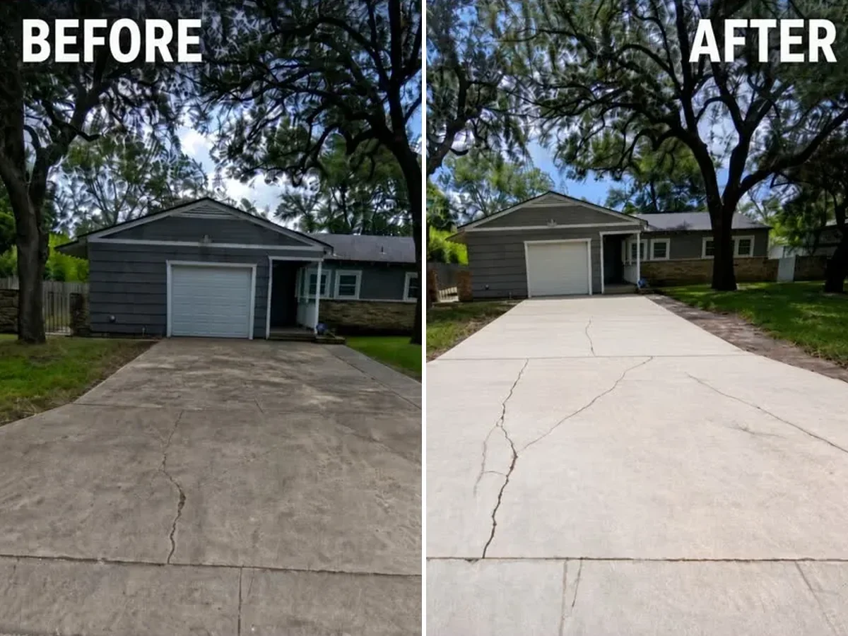 Concrete driveway in Bell County, dark staining and grime washed off.