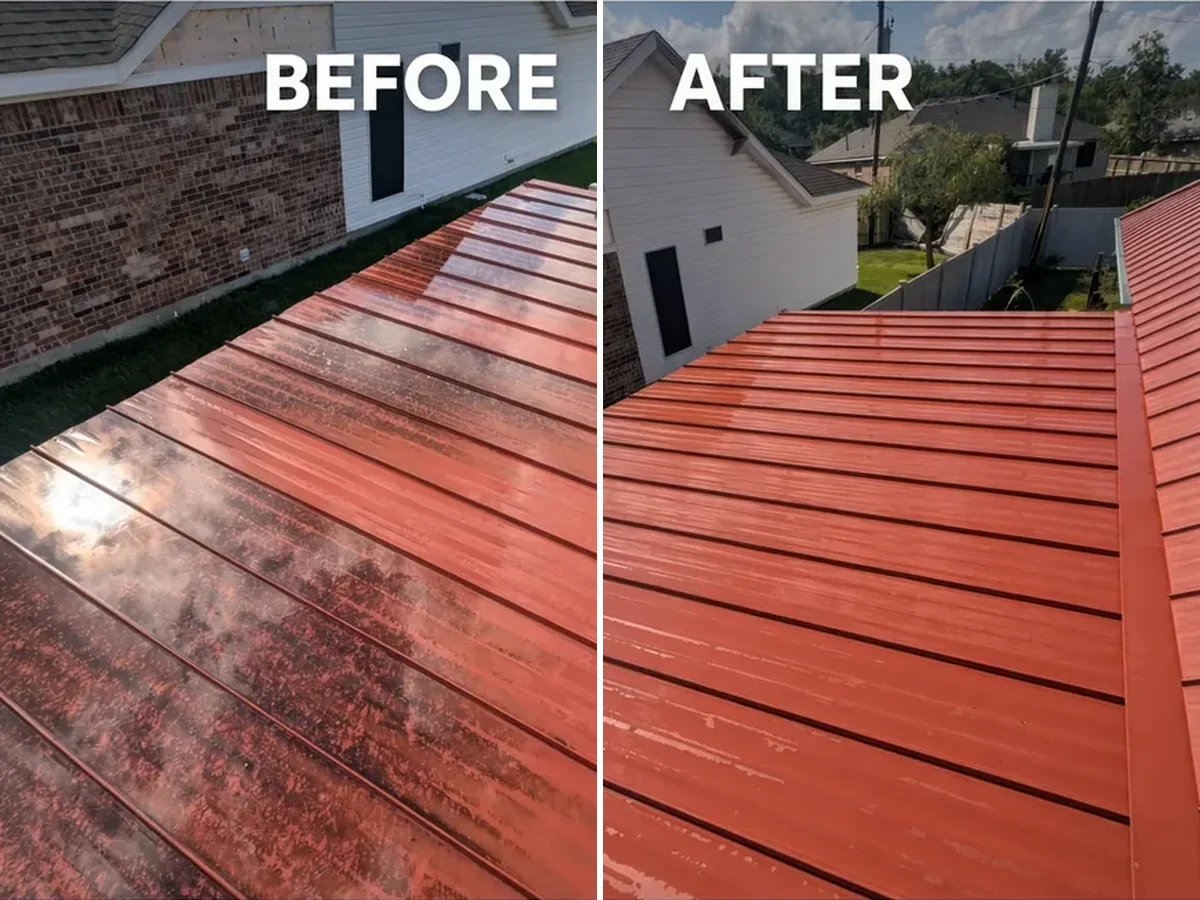 Red metal roof before and after soft wash, dark algae and streaks removed.