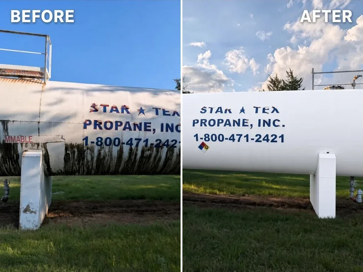 Commercial propane tank, before and after washing.