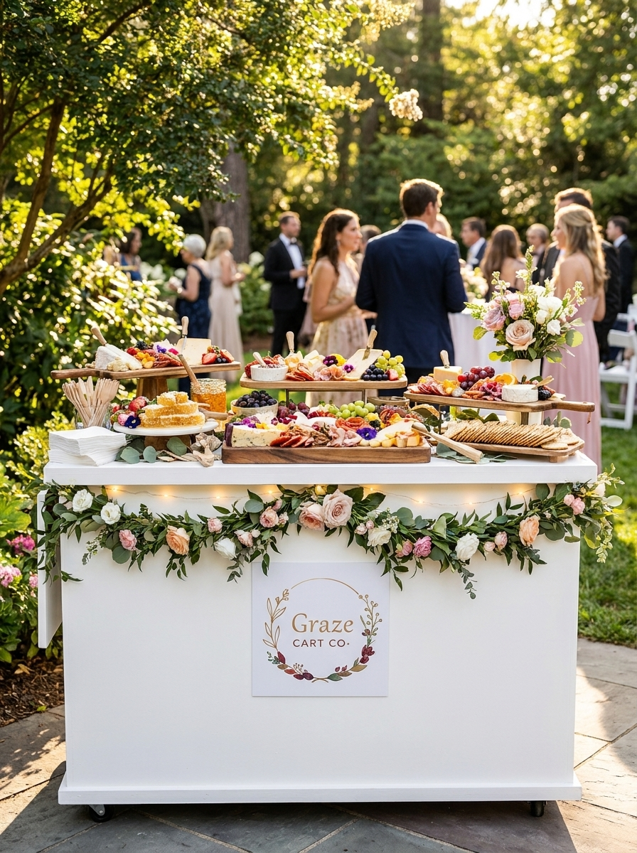 Graze Cart Co charcuterie grazing cart with cheeses, meats, fruits and breads
