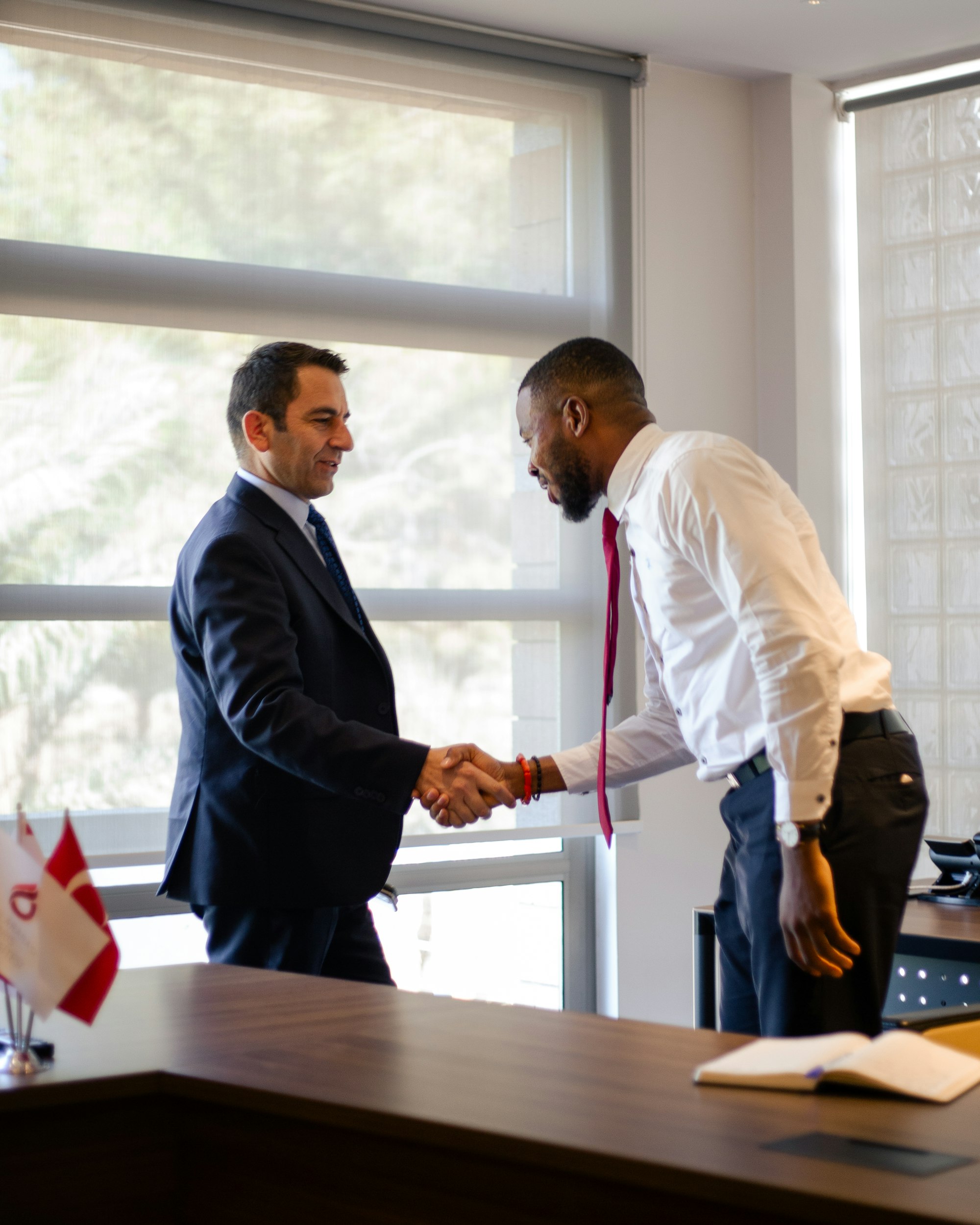Two professionals shaking hands in an office