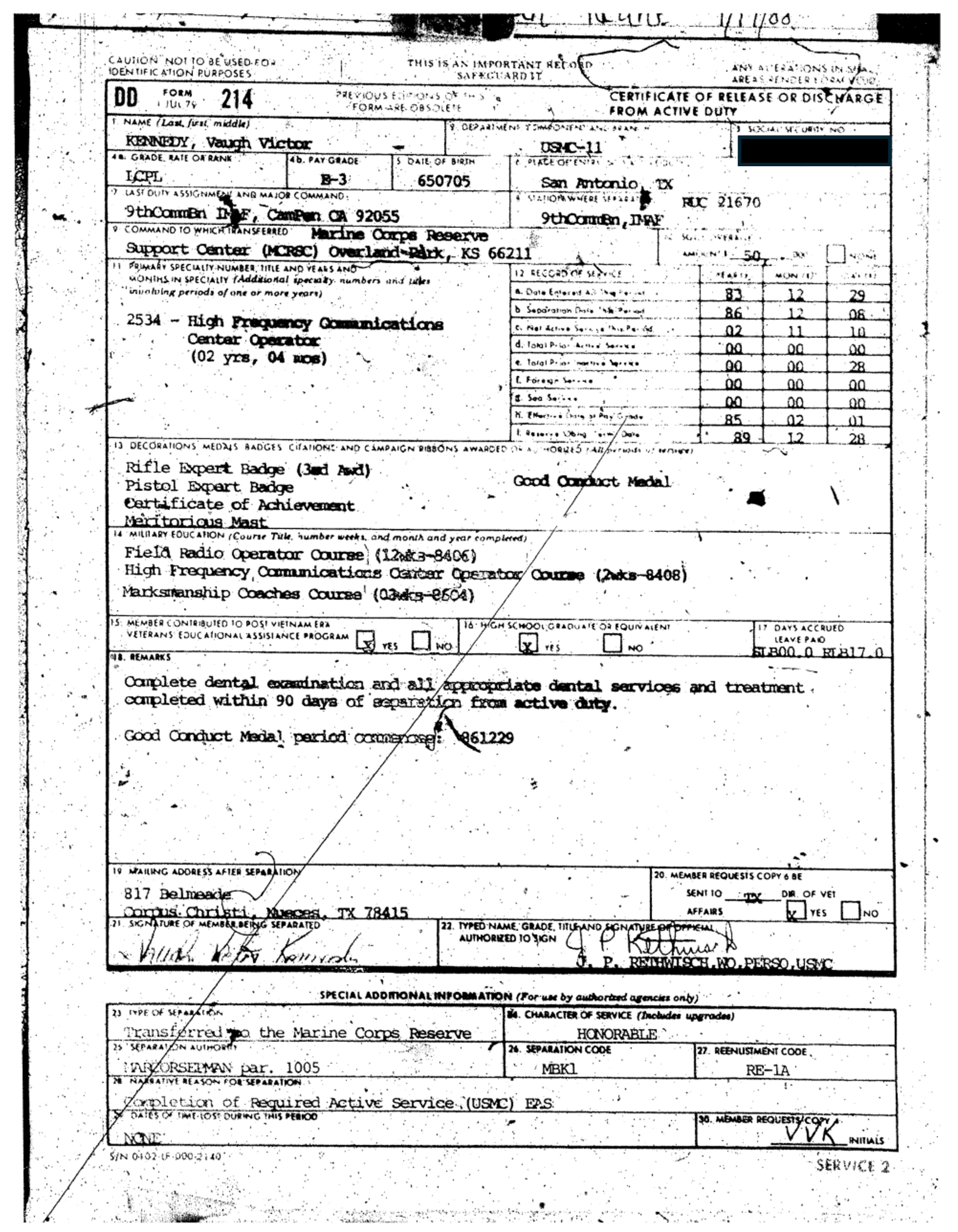 Victor Marx Honorable Military Discharge