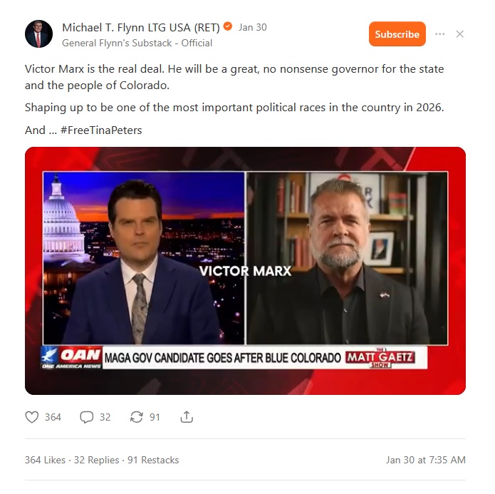 Gen Mike Flynn endorses Victor Marx for governor, shared on Substack