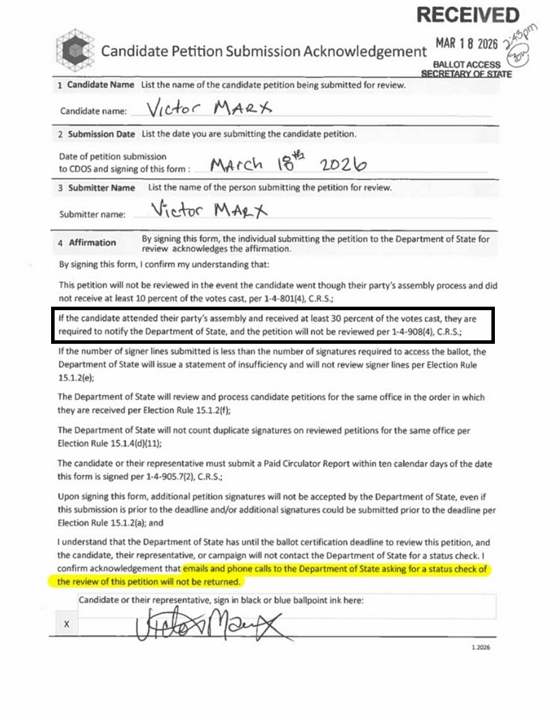 Victor Marx Canidate Petition Submission Acknowledgement