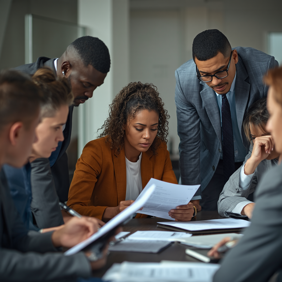 Diverse team analyzing procurement strategy data and documents, discussing challenges and different interpretations