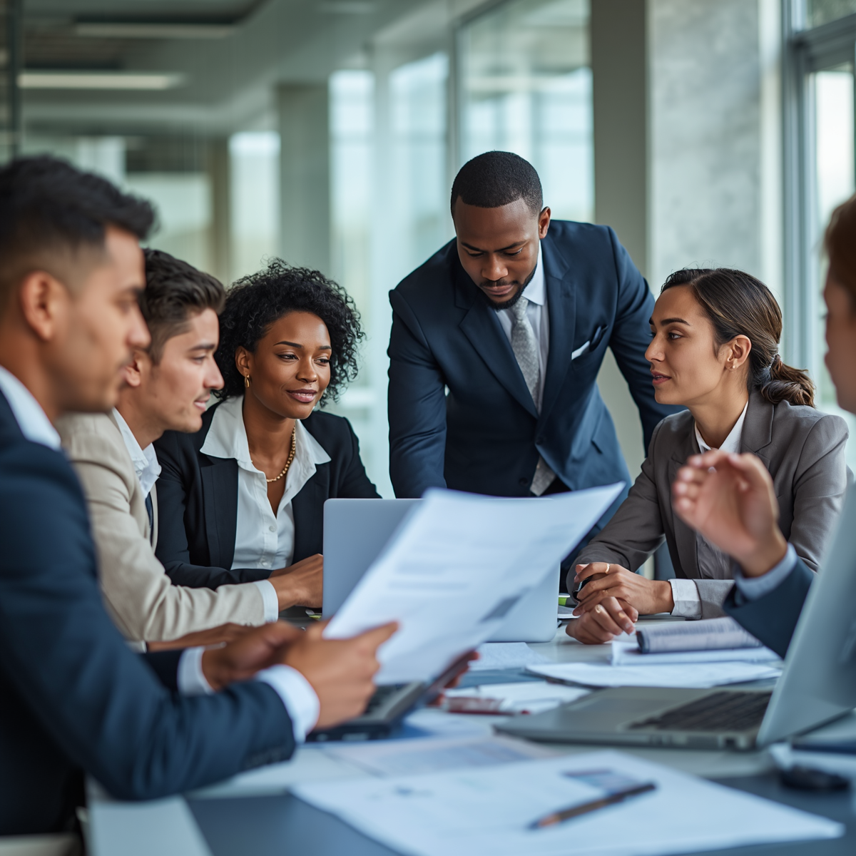 Diverse group of professionals discussing government contracting opportunities and entry into procurement markets