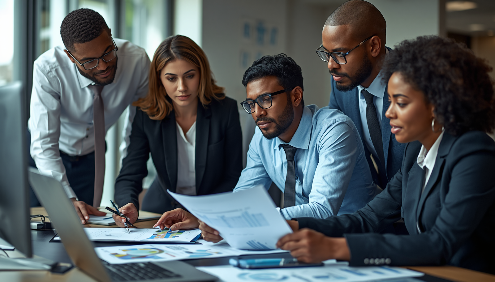 Diverse professionals analyzing interconnected procurement planning data and dependencies Diverse professionals analyzing interconnected procurement planning data and dependencies