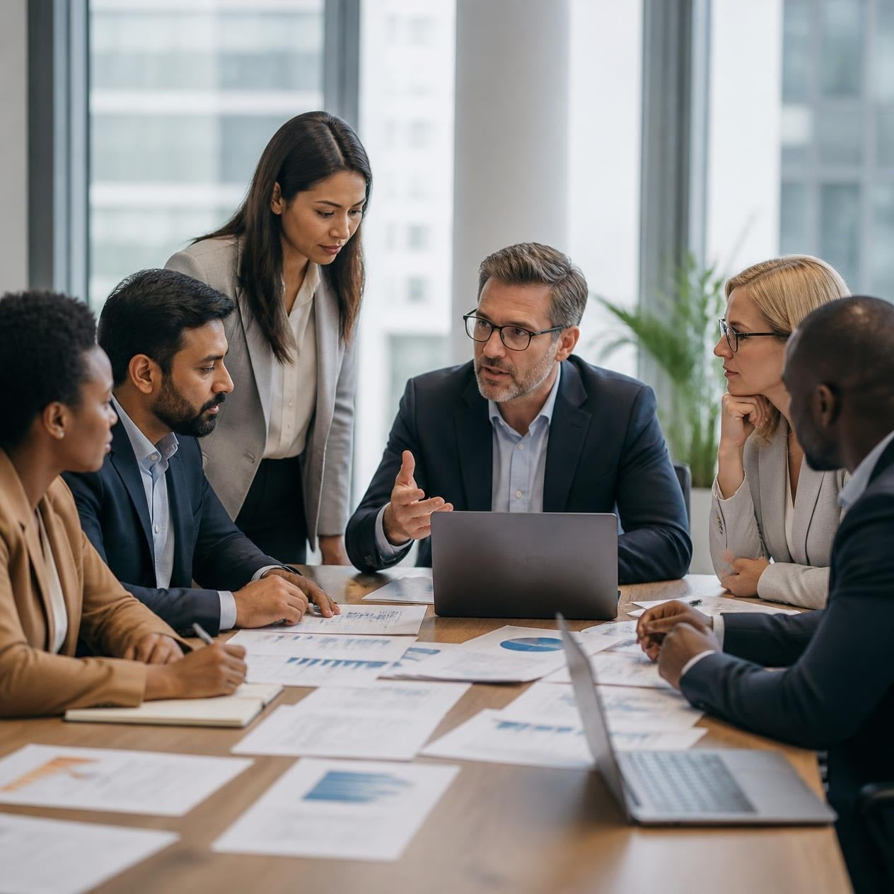Diverse group of professionals discussing procurement risks and strategy in a government meeting Diverse group of professionals discussing procurement risks and strategy in a government meeting