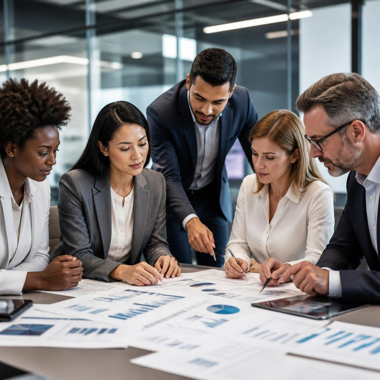 Diverse team analyzing procurement risk indicators and performance data in a professional environment Diverse team analyzing procurement risk indicators and performance data in a professional environment