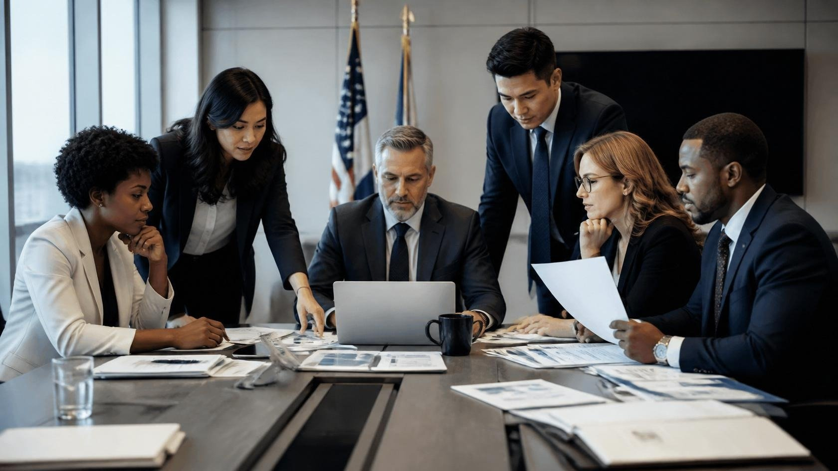 Diverse group of professionals discussing strategic procurement planning and acquisition decisions Diverse group of professionals discussing strategic procurement planning and acquisition decisions