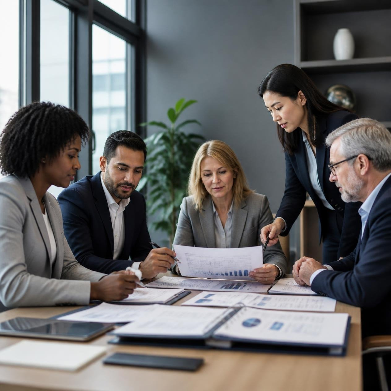 Diverse professionals collaborating in a government procurement advisory discussion Diverse professionals collaborating in a government procurement advisory discussion