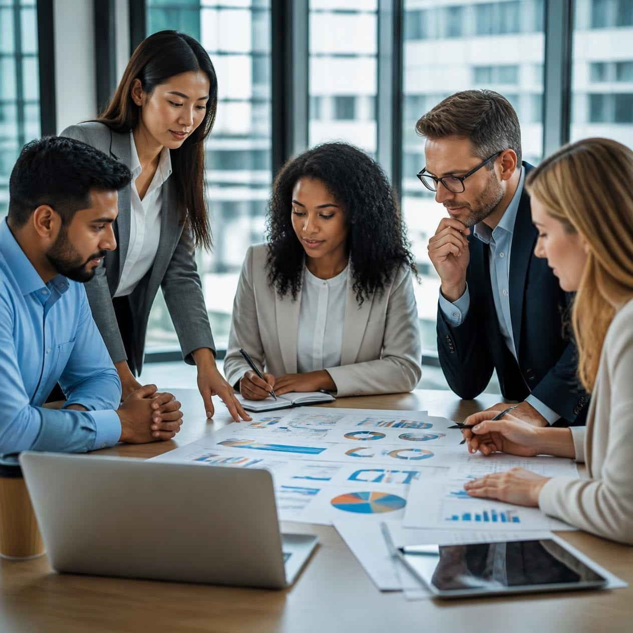 Diverse team analyzing procurement data and strategic organizational insights Diverse team analyzing procurement data and strategic organizational insights