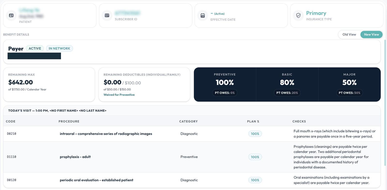 Dental-X eligibility screen showing today's scheduled procedures all covered at 100%, with $642 remaining on the annual maximum Dental-X eligibility screen showing today's scheduled procedures all covered at 100%, with $642 remaining on the annual maximum