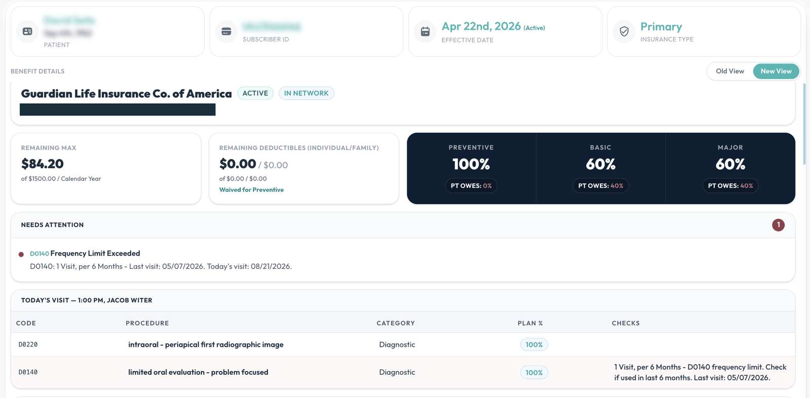 Dental-X eligibility screen flagging a D0140 frequency limit exceeded for today's appointment, with $84.20 remaining on the annual maximum. Dental-X eligibility screen flagging a D0140 frequency limit exceeded for today's appointment, with $84.20 remaining on the annual maximum.