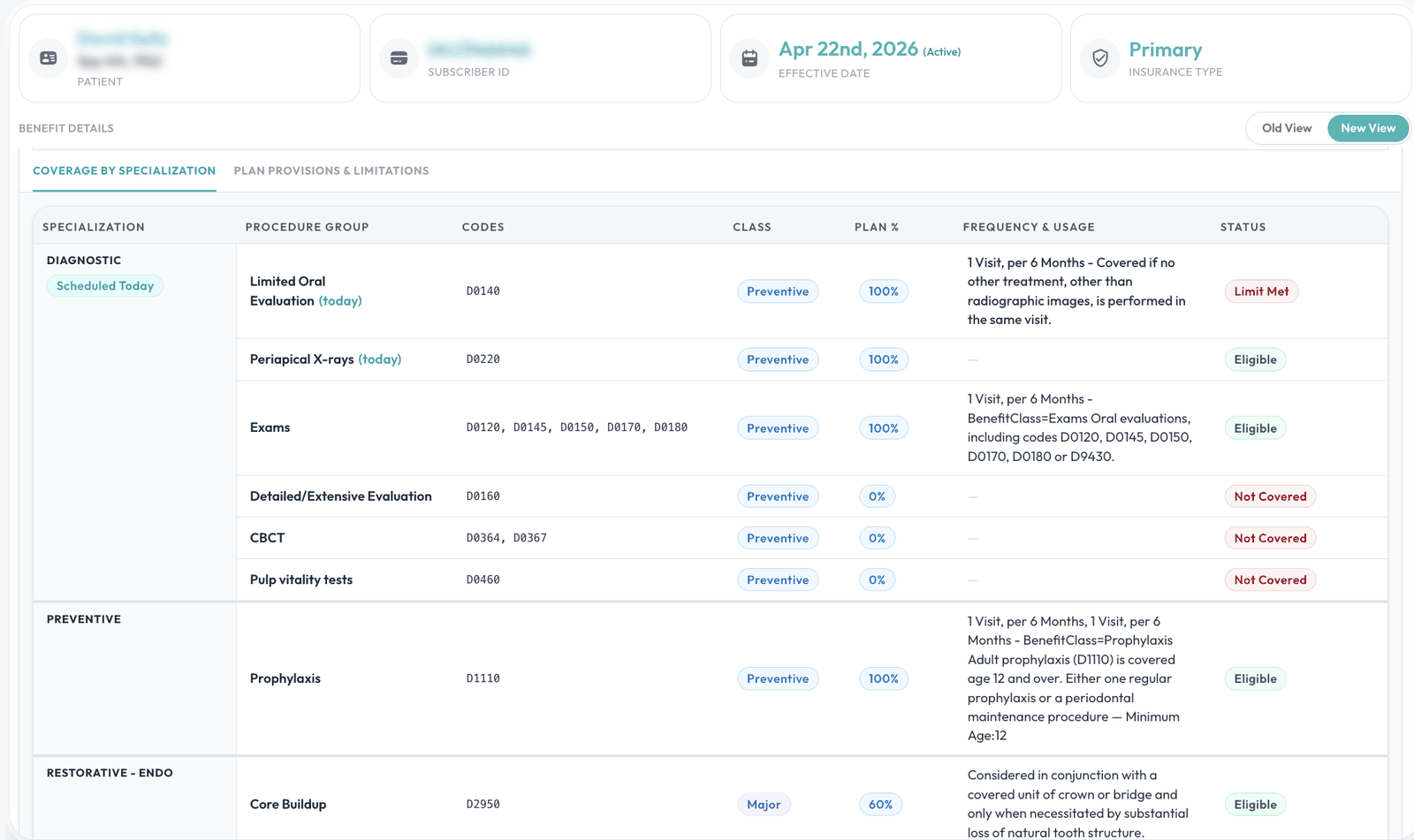 Dental-X coverage-by-specialization view showing procedure groups with plan percentage, frequency rules and eligibility status. Dental-X coverage-by-specialization view showing procedure groups with plan percentage, frequency rules and eligibility status.