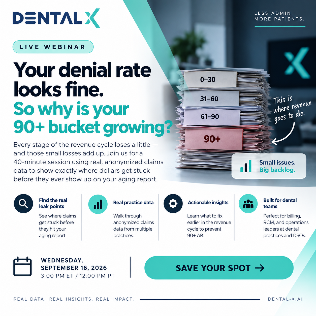 LinkedIn post: If your denial rate looks fine on a monthly report, that's exactly why the 90+ bucket k…
