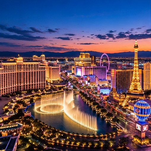 Bellagio fountains and illuminated resorts on the Las Vegas Strip