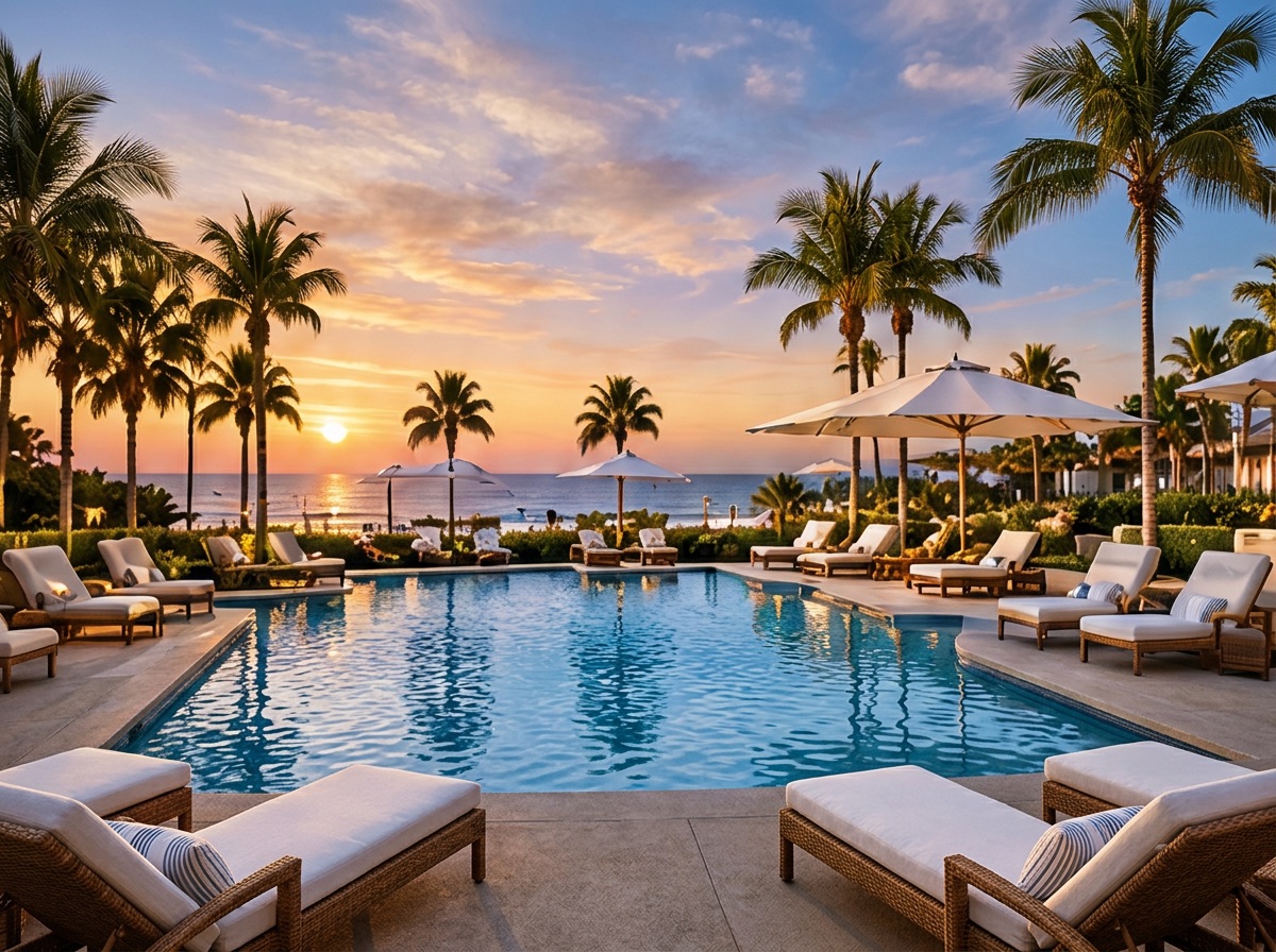 Poolside loungers and palm trees at The Ritz-Carlton, Naples at sunset