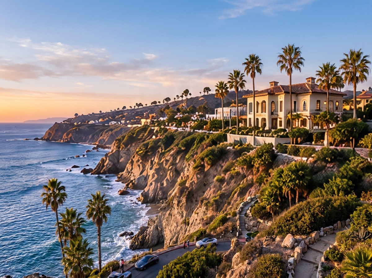Clifftop view of The Ritz-Carlton, Laguna Niguel above the Pacific Ocean at sunset