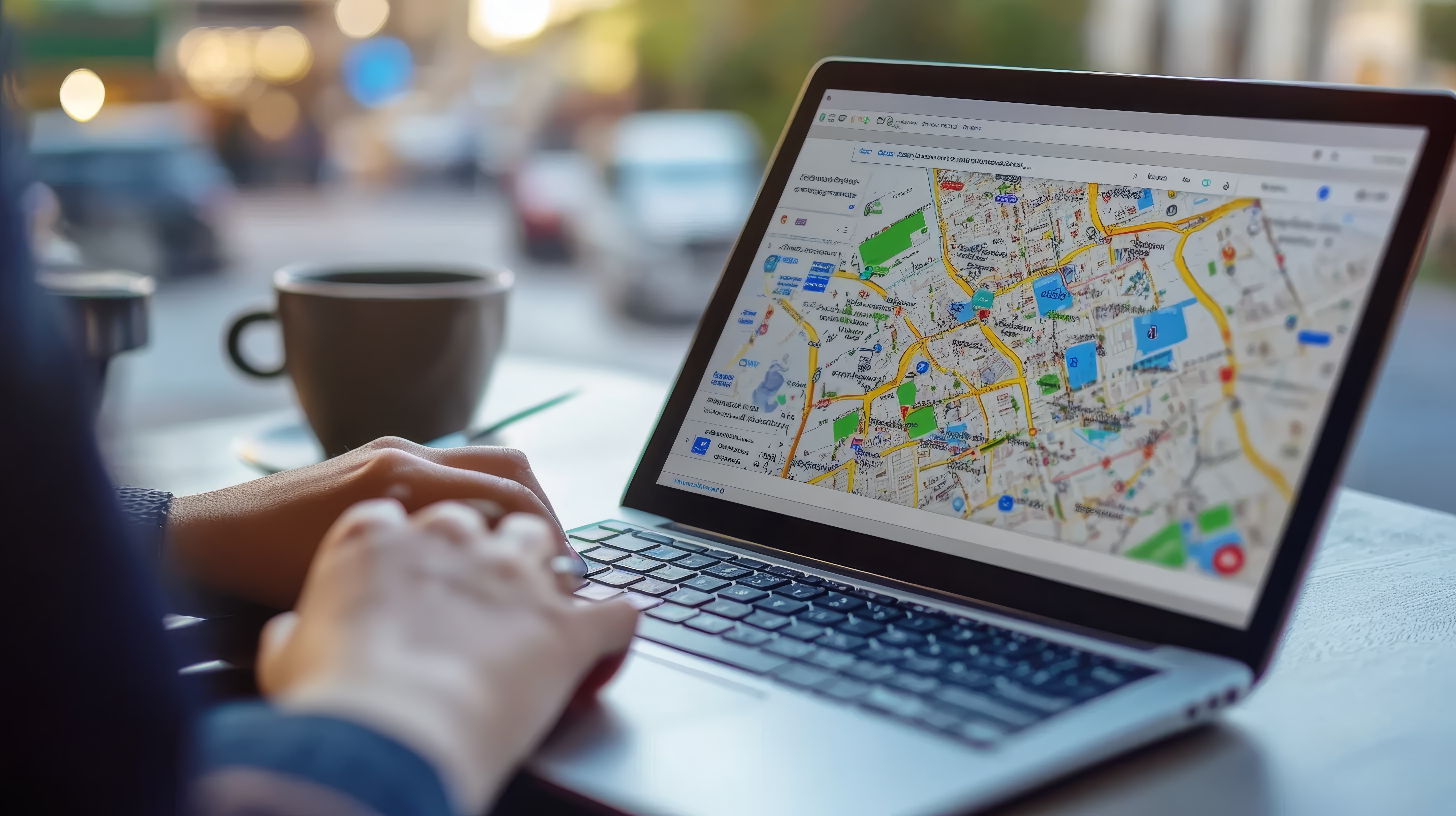 Person using a laptop displaying a digital map and navigation interface while sitting at a café table with a coffee cup nearby. Person using a laptop displaying a digital map and navigation interface while sitting at a café table with a coffee cup nearby.