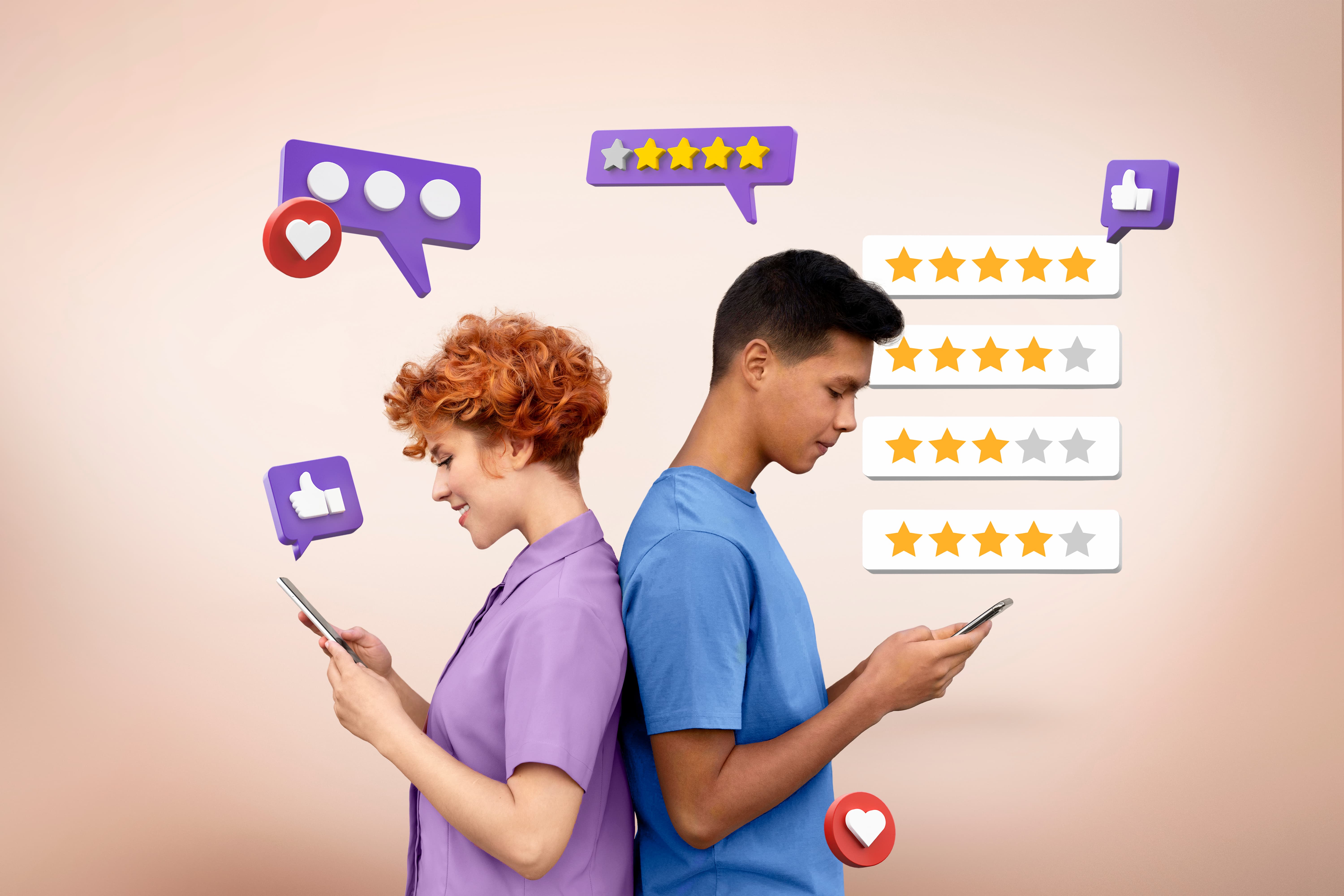 Two people standing back-to-back using smartphones, surrounded by customer review, rating, like, and feedback icons representing online reviews and social engagement. Two people standing back-to-back using smartphones, surrounded by customer review, rating, like, and feedback icons representing online reviews and social engagement.