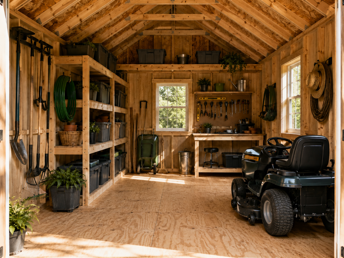 Organized storage building interior with tools, shelving, and lawn equipment