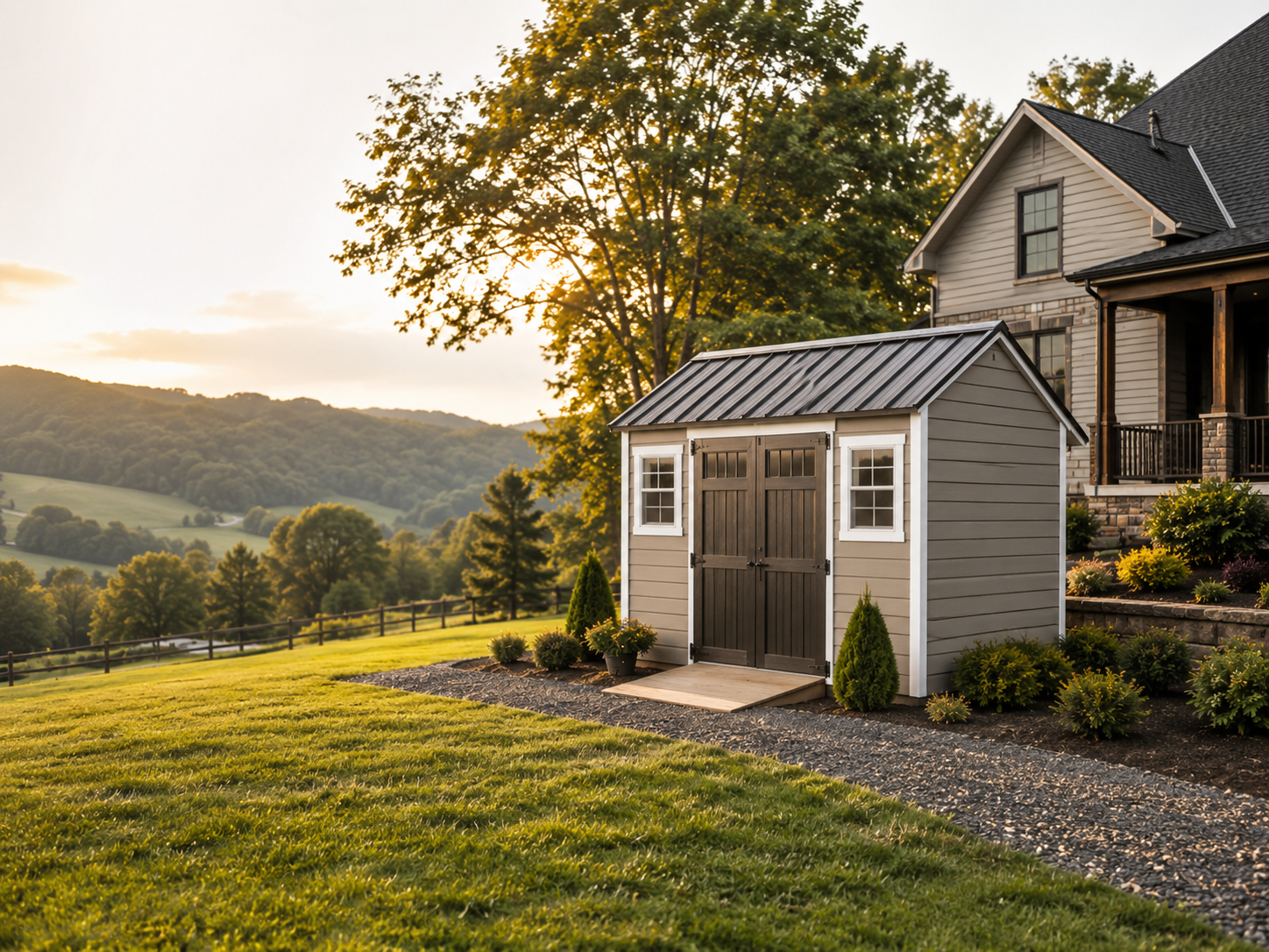 Compact backyard storage building on a West Virginia property