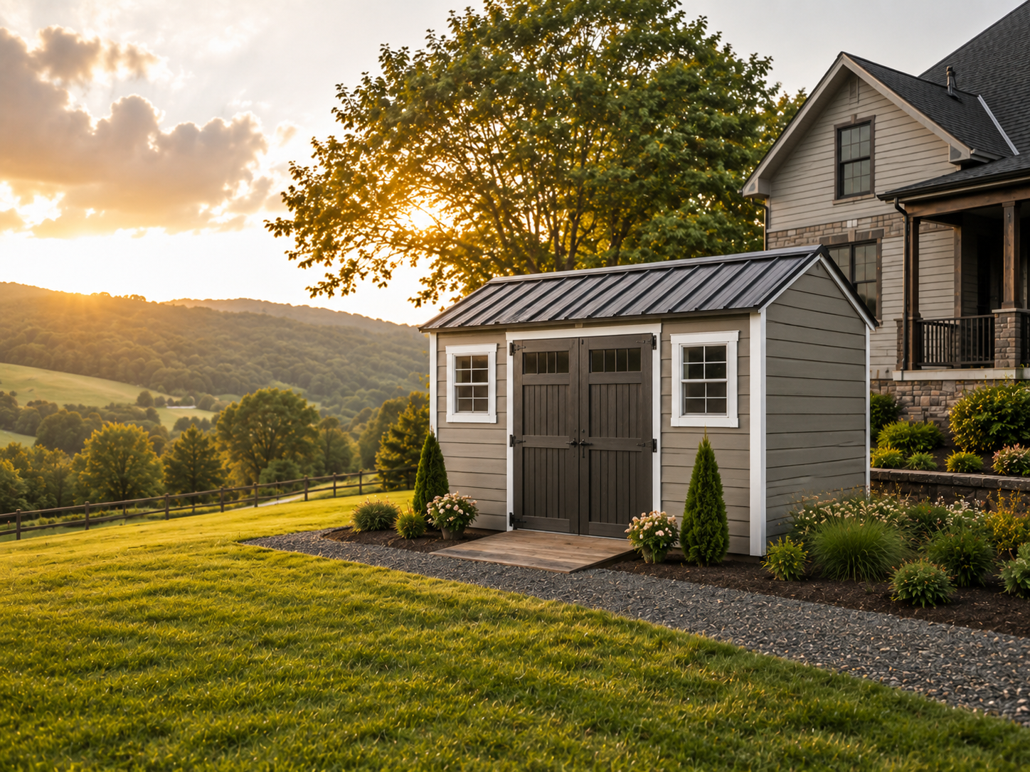 10 foot wide storage building with lawn equipment and tools