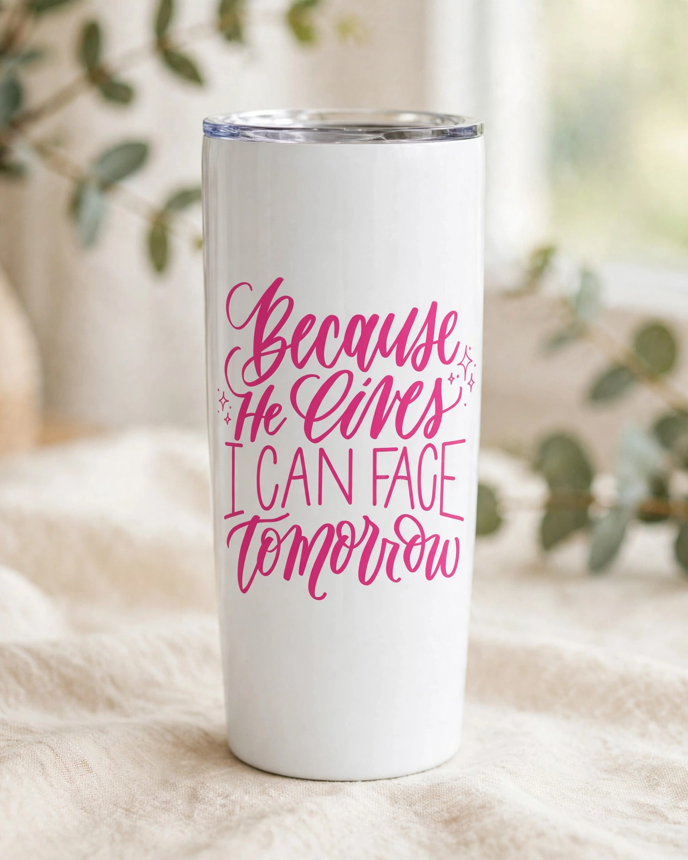 Sublimation tumbler with a hand-lettered Scripture PNG