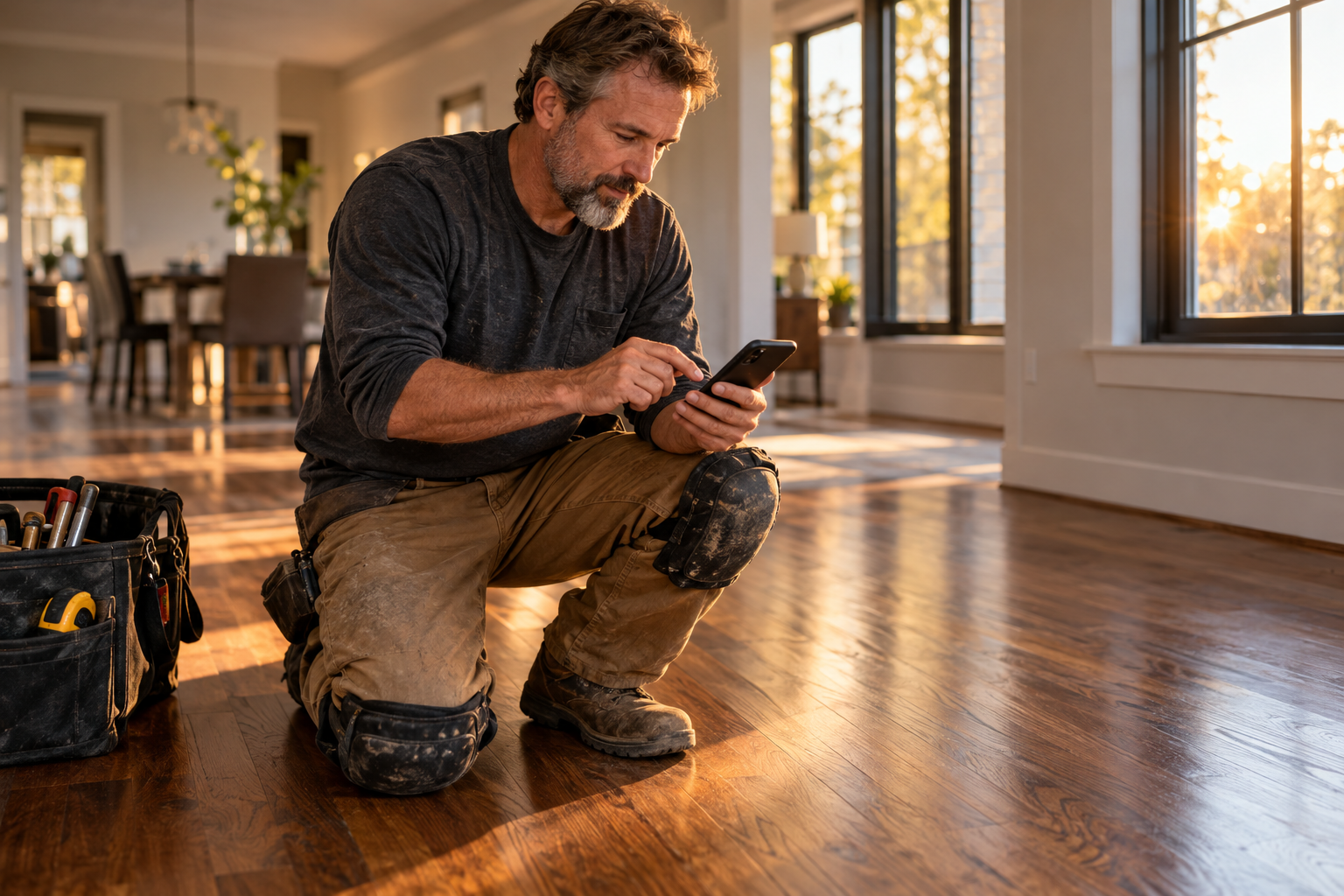Flooring contractor sending an invoice from his phone on a finished job